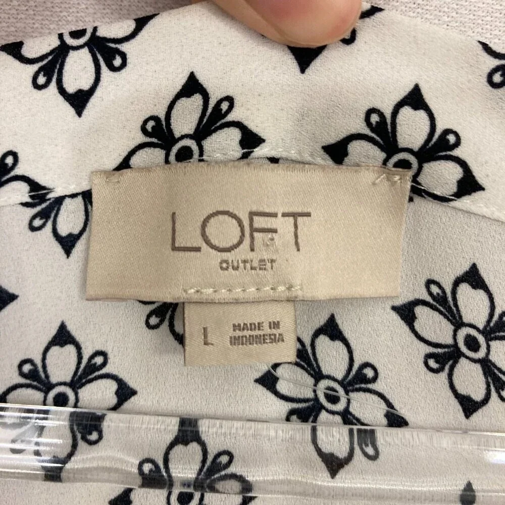 LOFT Black‎ White Square Neck 3/4 Puff Sleeve Feminine Preppy Blouse Large